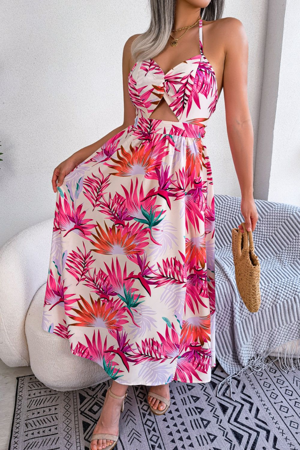 Botanical Print Tied Backless Cutout Slit Dress (3 Variants)