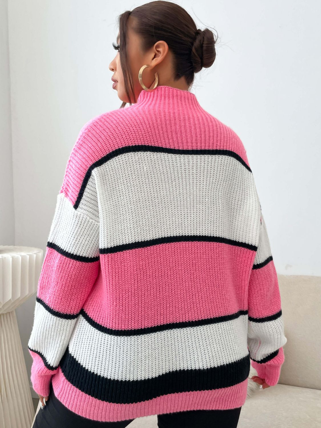 Plus Size Striped Color Block Dropped Shoulder Sweater