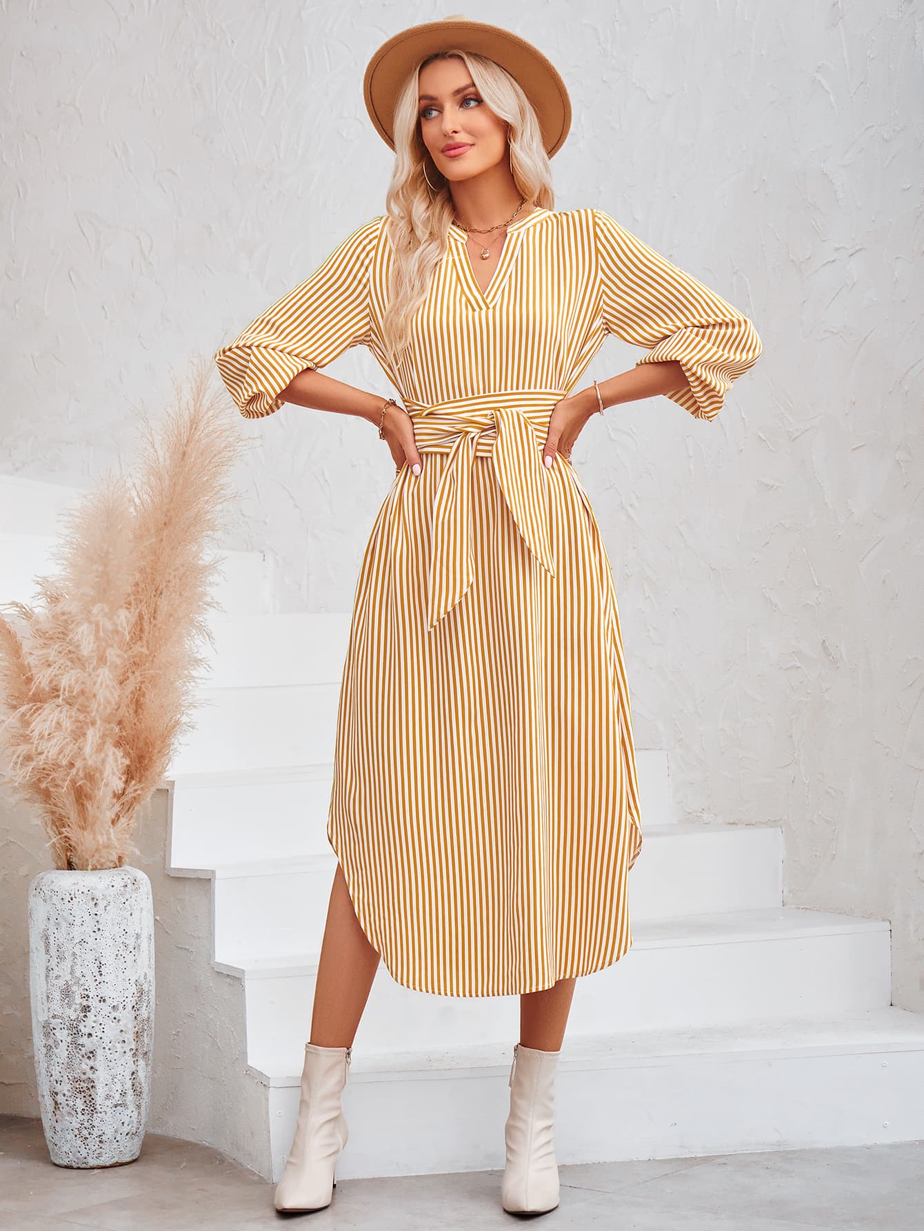 Striped Notched Neck Curved Hem Long Sleeve Dress (3 Variants)