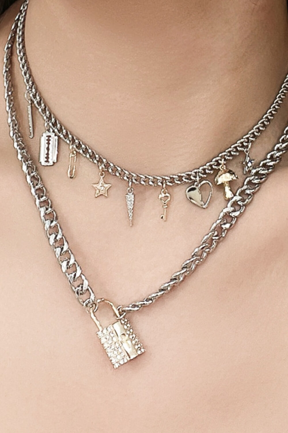 Lock Pendant Double-Layered Charm Necklace