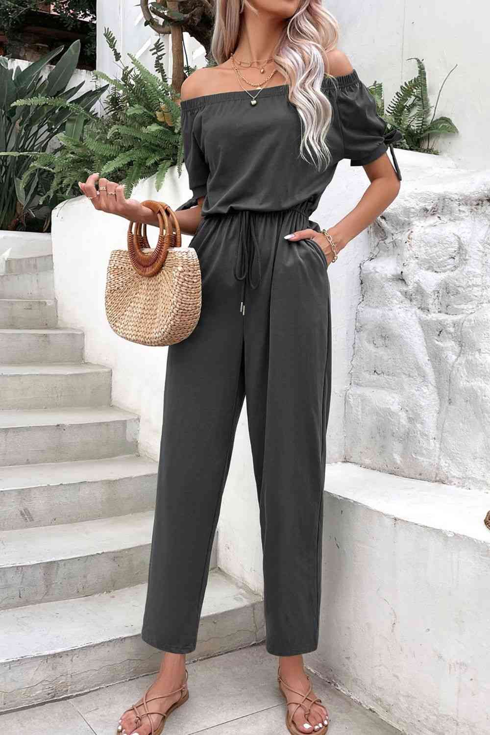 Off-Shoulder Tie Cuff Jumpsuit with Pockets (3 Variants)