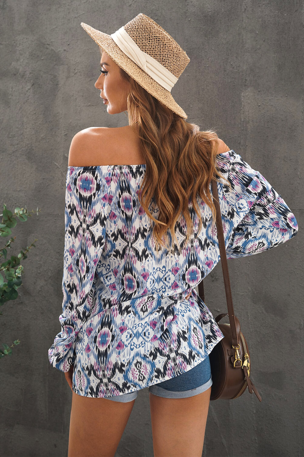 Printed Off-Shoulder Tied Balloon Sleeve Blouse