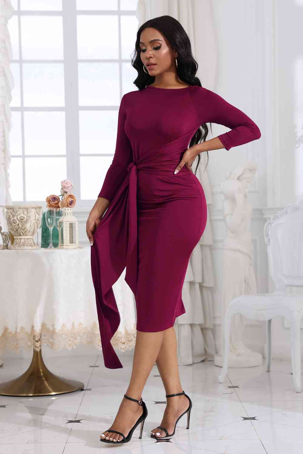 Tie Detail Round Neck Midi Dress (3 Variants)