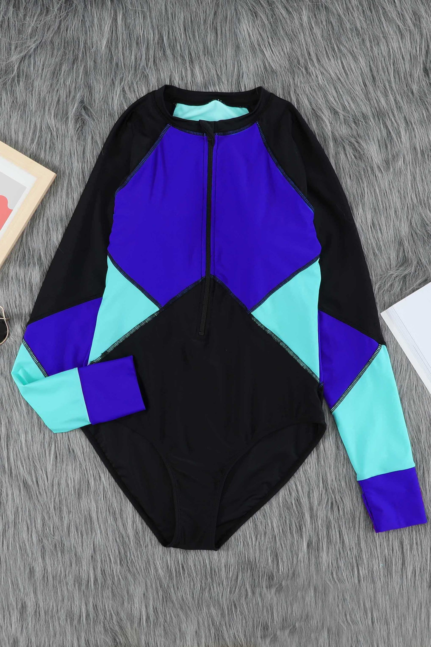 Color Block Half Zip Long Sleeve One-Piece Swimsuit (3 Variants)