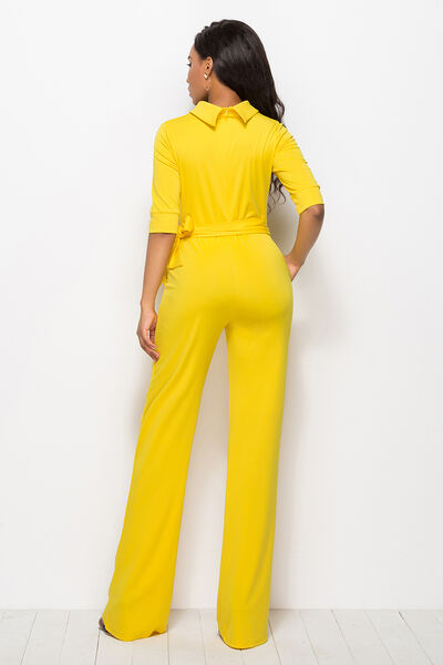 Mock Neck Tie-Waist Half Sleeve Jumpsuit (7 Variants)