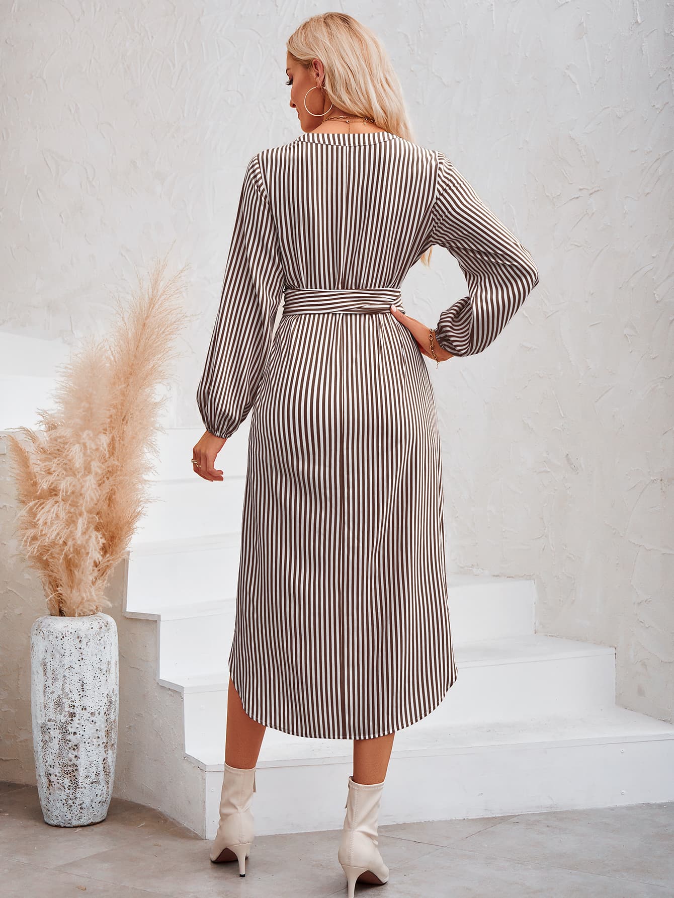 Striped Notched Neck Curved Hem Long Sleeve Dress (3 Variants)