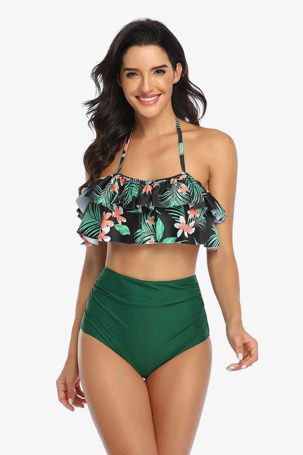 Two-Tone Ruffled Halter Neck Two-Piece Swimsuit (12 Variants)