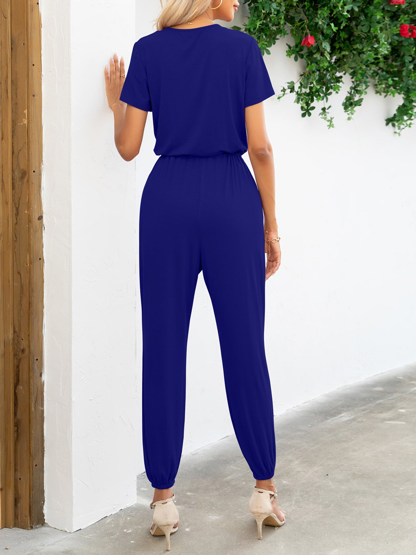 Short Sleeve V-Neck Jumpsuit with Pockets (6 Variants)