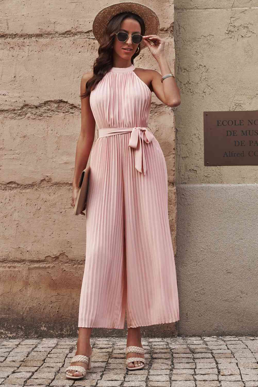 Accordion Pleated Belted Grecian Neck Sleeveless Jumpsuit (3 Variants)