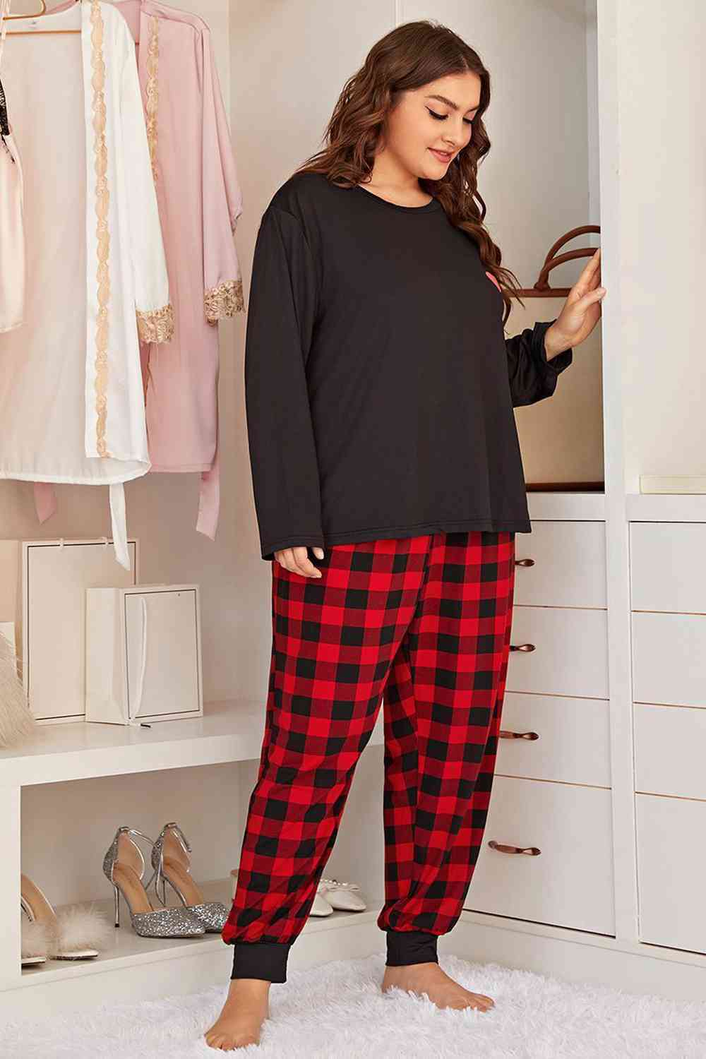 Plus Size Heart Top and Plaid Joggers Lounge Set