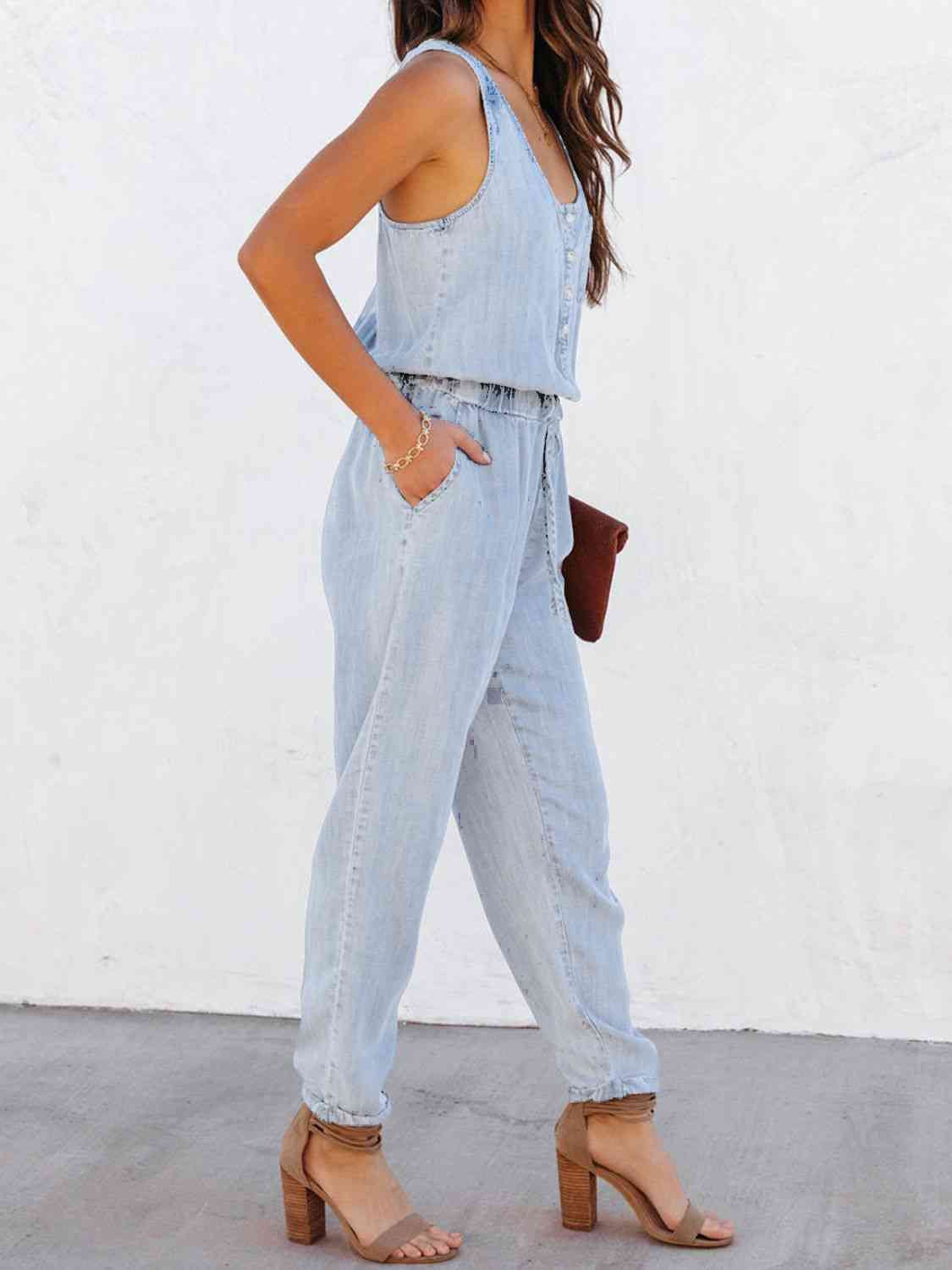 Drawstring Waist Sleeveless Jumpsuit (3 Variants)