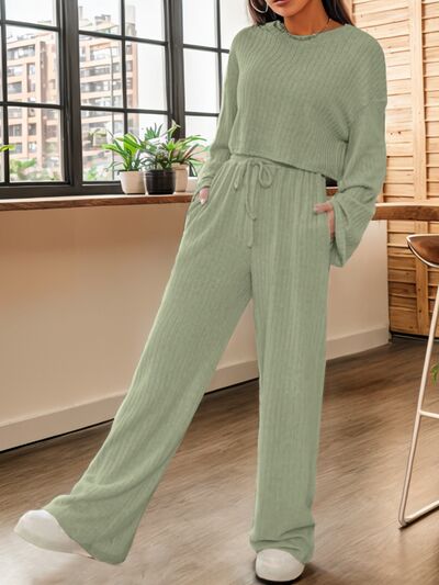 Ribbed Round Neck Top and Drawstring Pants Set