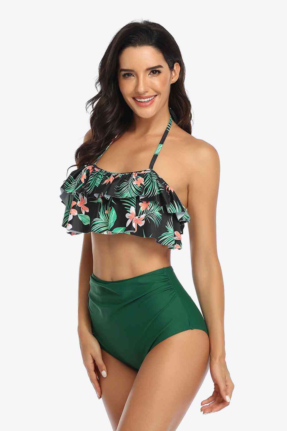 Two-Tone Ruffled Halter Neck Two-Piece Swimsuit (12 Variants)