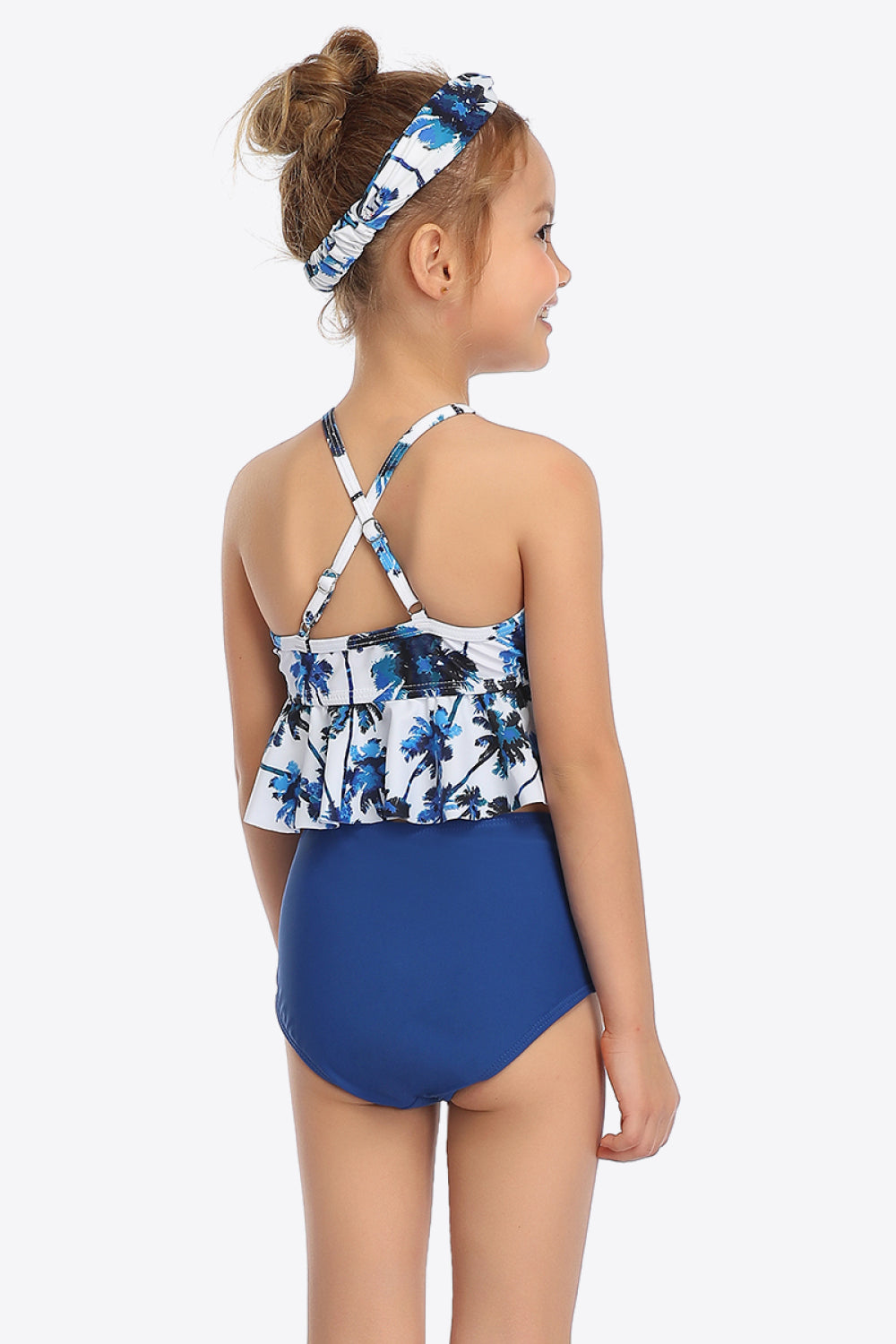 Girls Botanical Print Crisscross Ruffled Two-Piece Swim Set