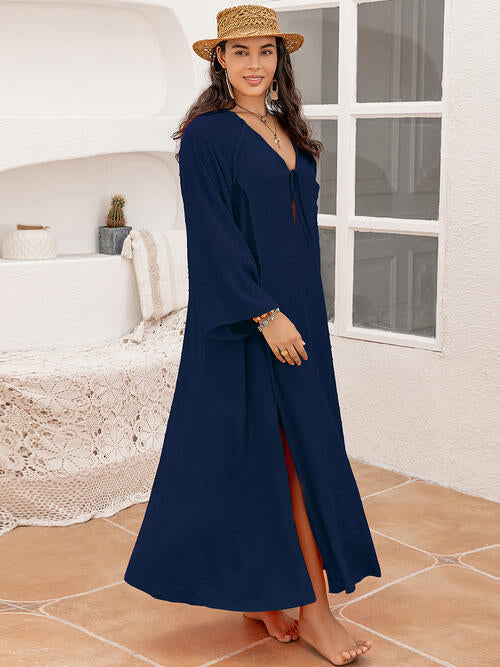 Plus Size Tie Neck Long Sleeve Slit Dress (2 Variants)