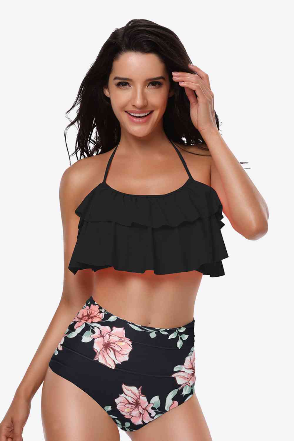 Two-Tone Ruffled Halter Neck Two-Piece Swimsuit (12 Variants)