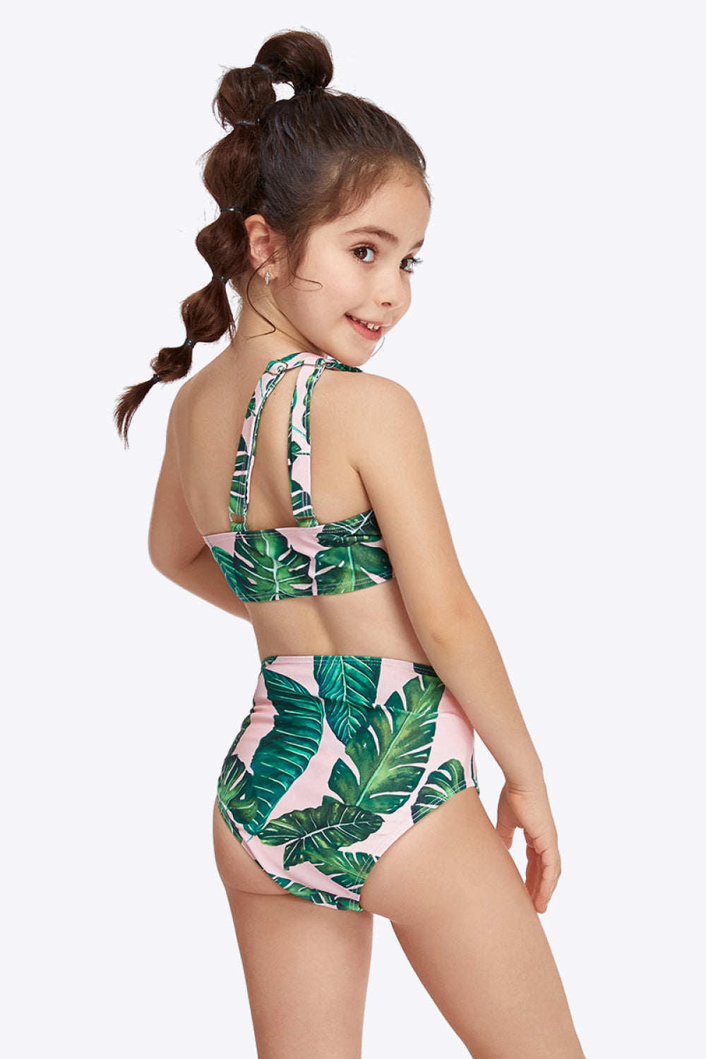 Girls Ruffled One-Shoulder Buckle Detail Two-Piece Swim Set