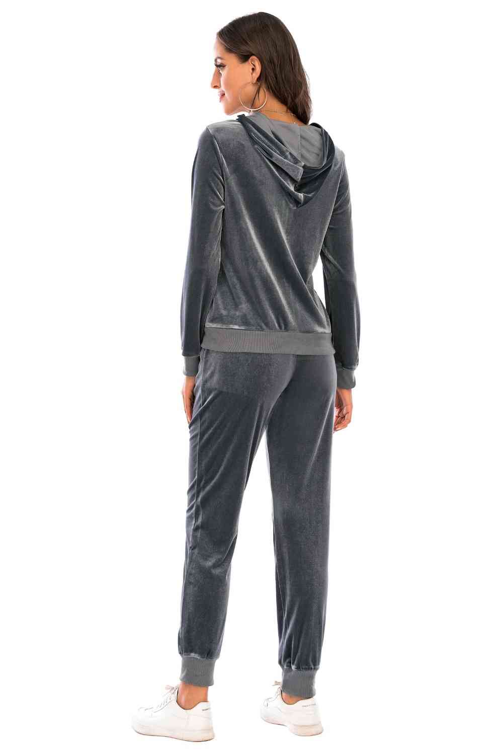 Velour Styled Zip-Up Hoodie and Pants Set