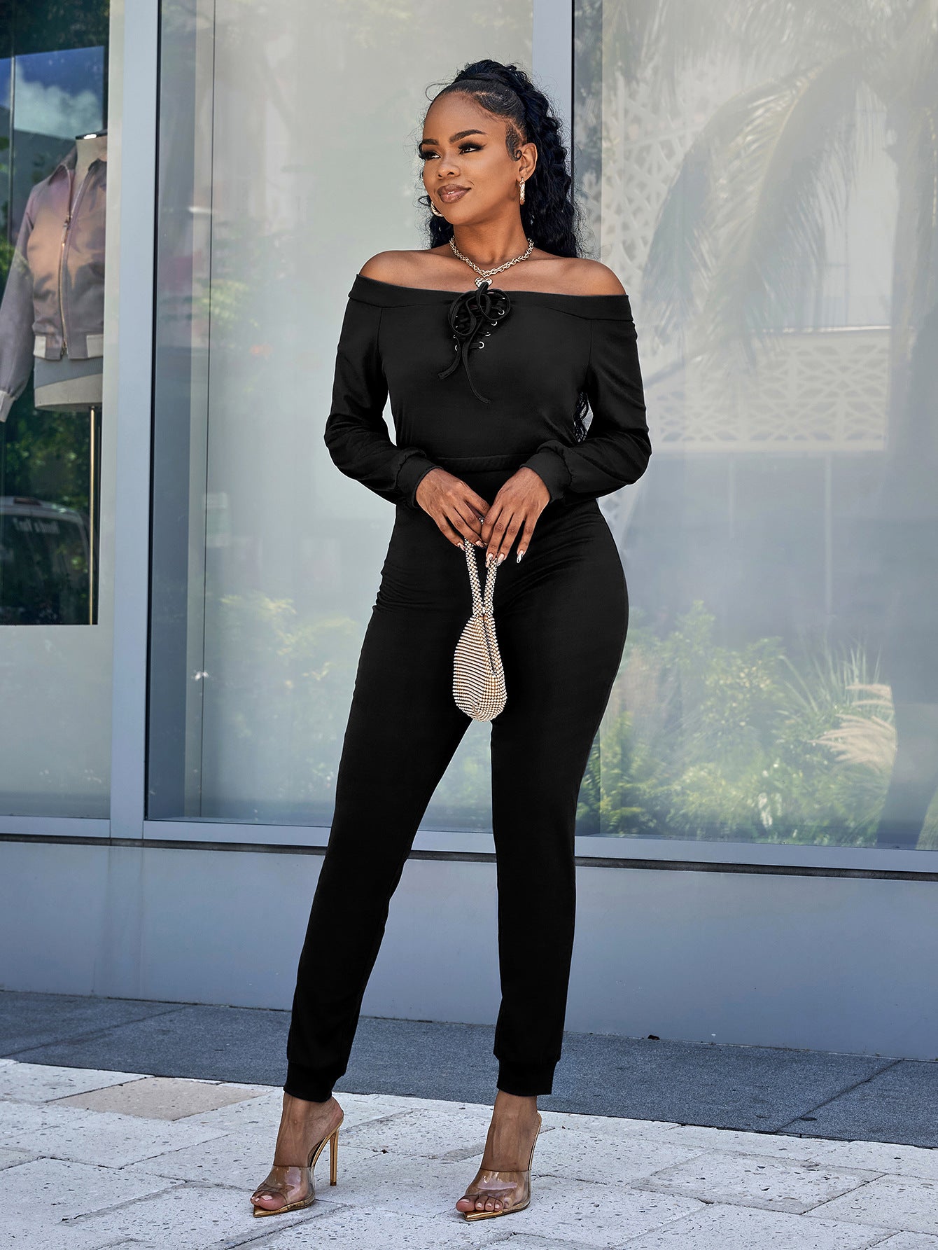 Lace-Up Off-Shoulder Long Sleeve Jumpsuit (3 Variants)