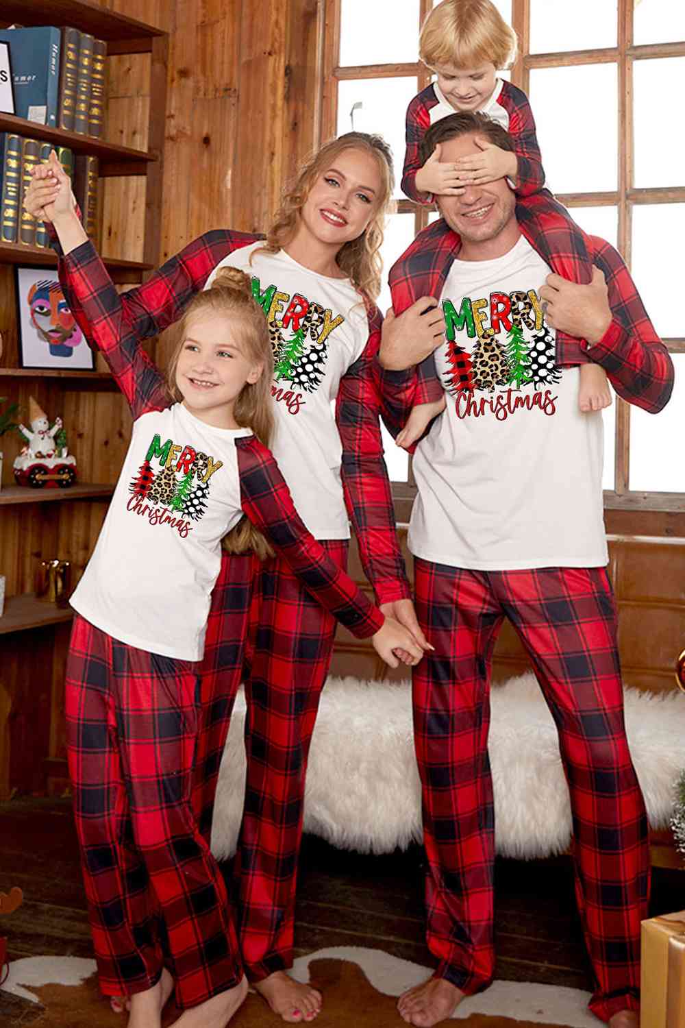 Matching Men's "MERRY Christmas" 4 Tree Pattern Pajama Set