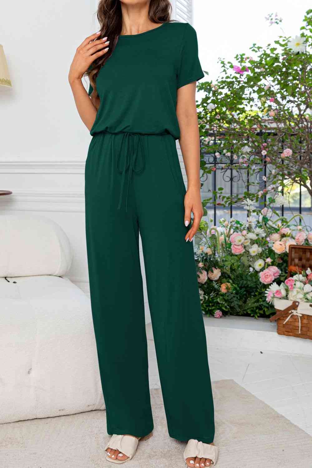 Round Neck Open Back Jumpsuit with Pockets (3 Variants)