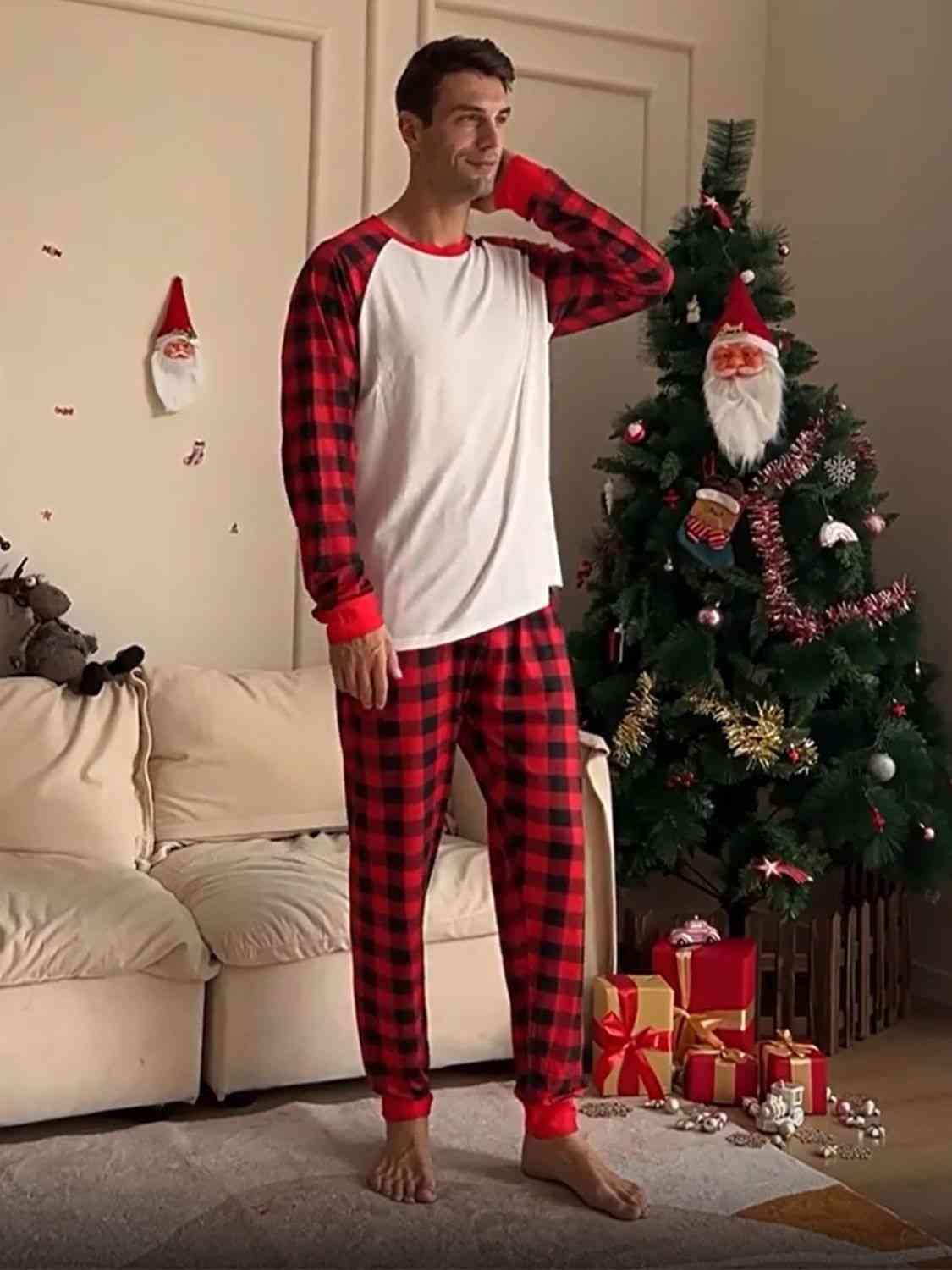 Matching Men's White/Red/Black Full Size Plaid Pajama Set