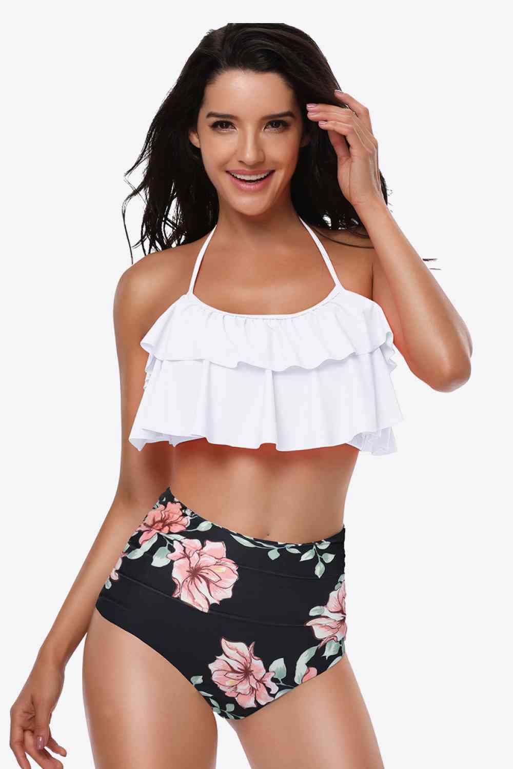 Two-Tone Ruffled Halter Neck Two-Piece Swimsuit (12 Variants)