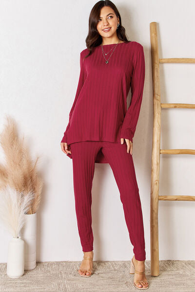 Ribbed High-Low Long Sleeve Top & Pants Set (Regular-Full Sizes)