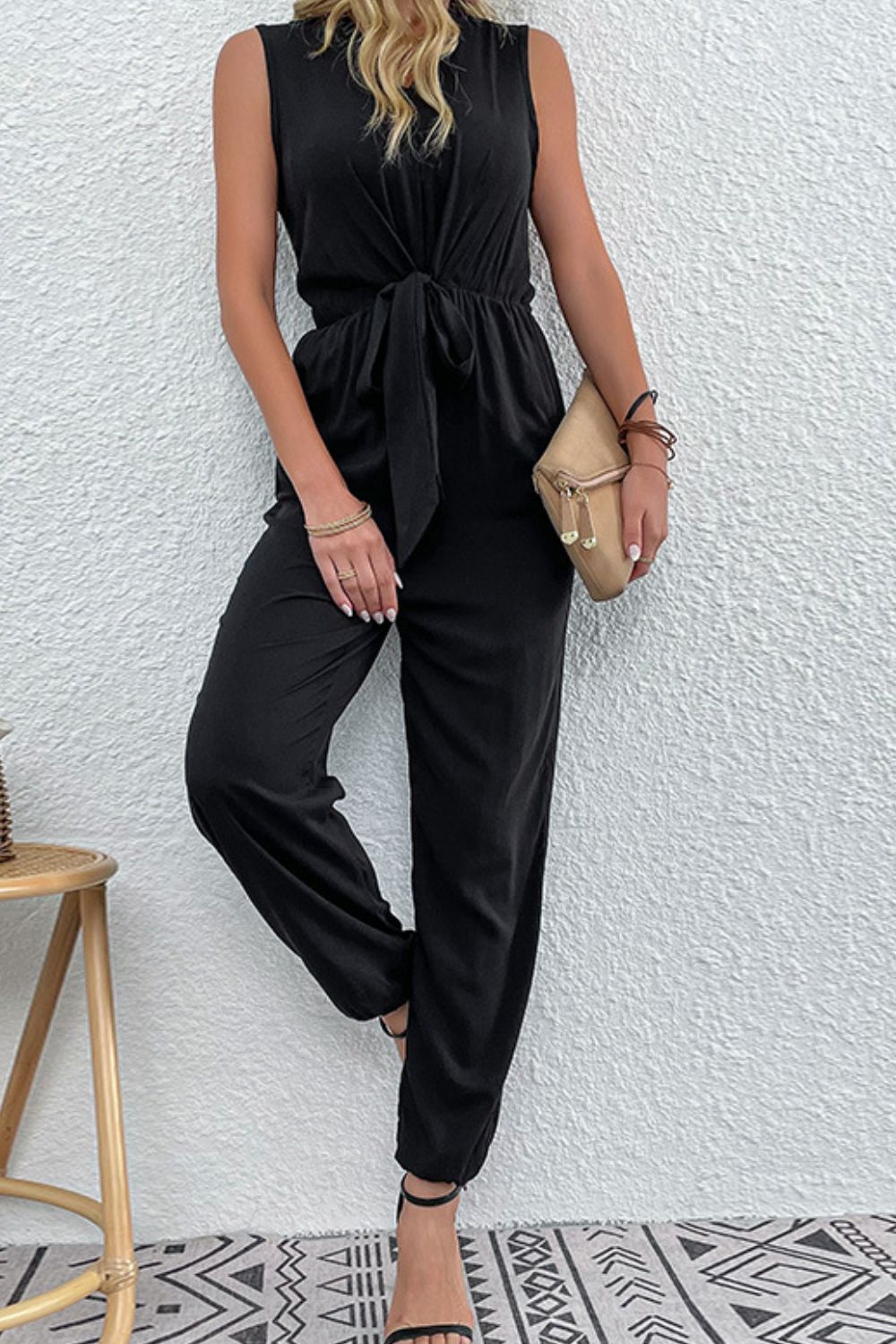 Drawstring Sleeveless V-Neck Jumpsuit