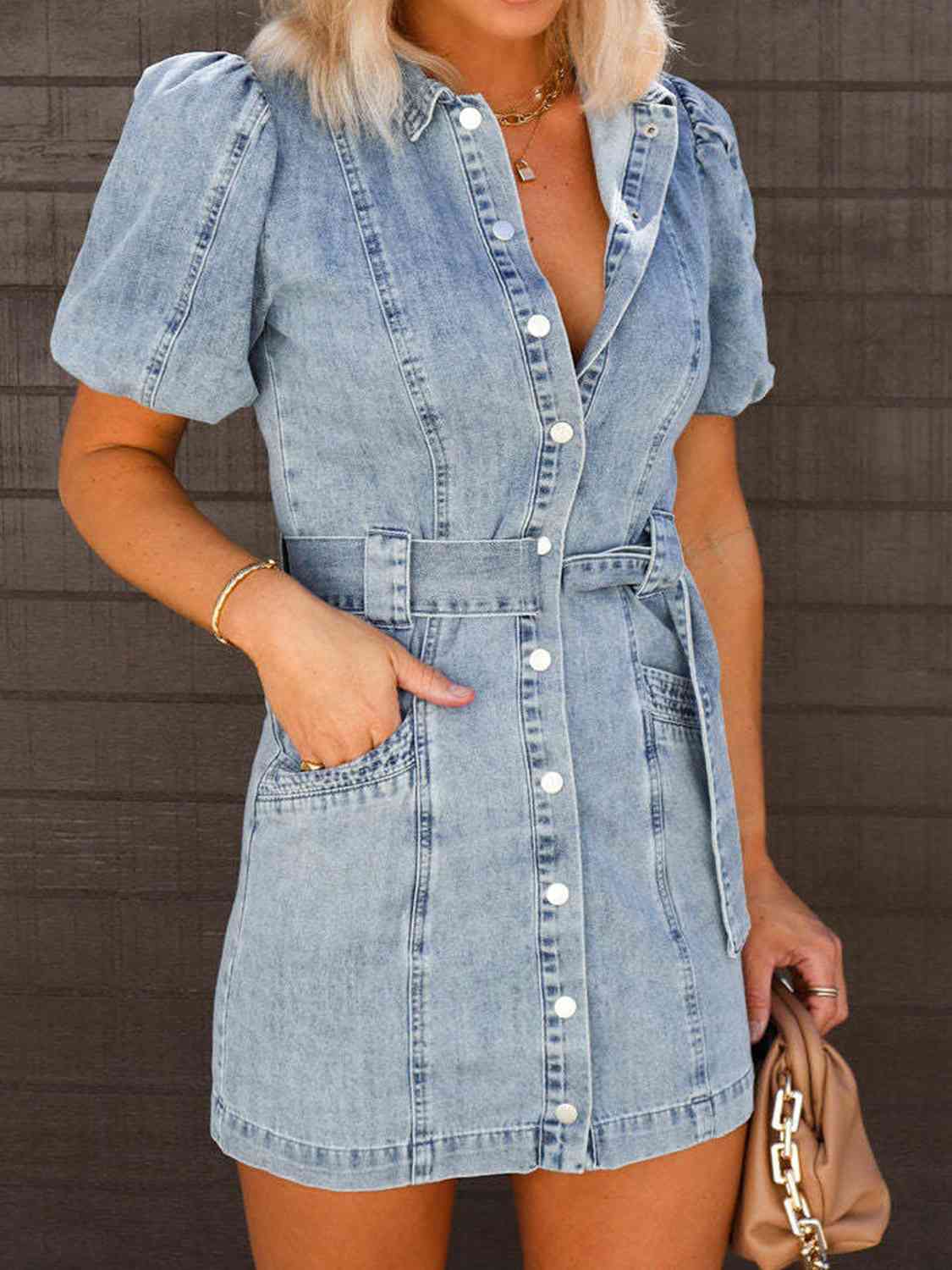 Throw Back Button Up Mini Denim Dress