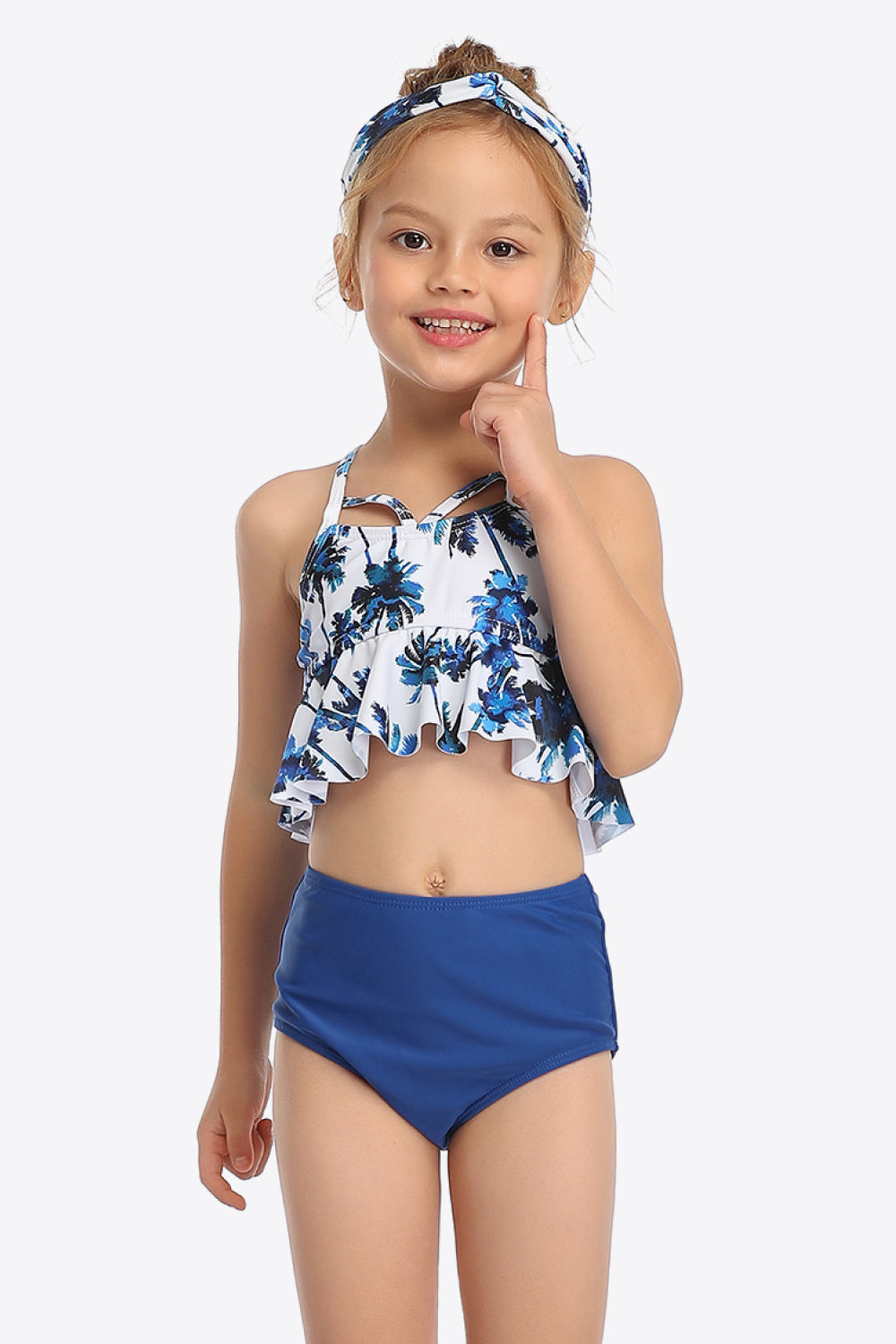 Girls Botanical Print Crisscross Ruffled Two-Piece Swim Set