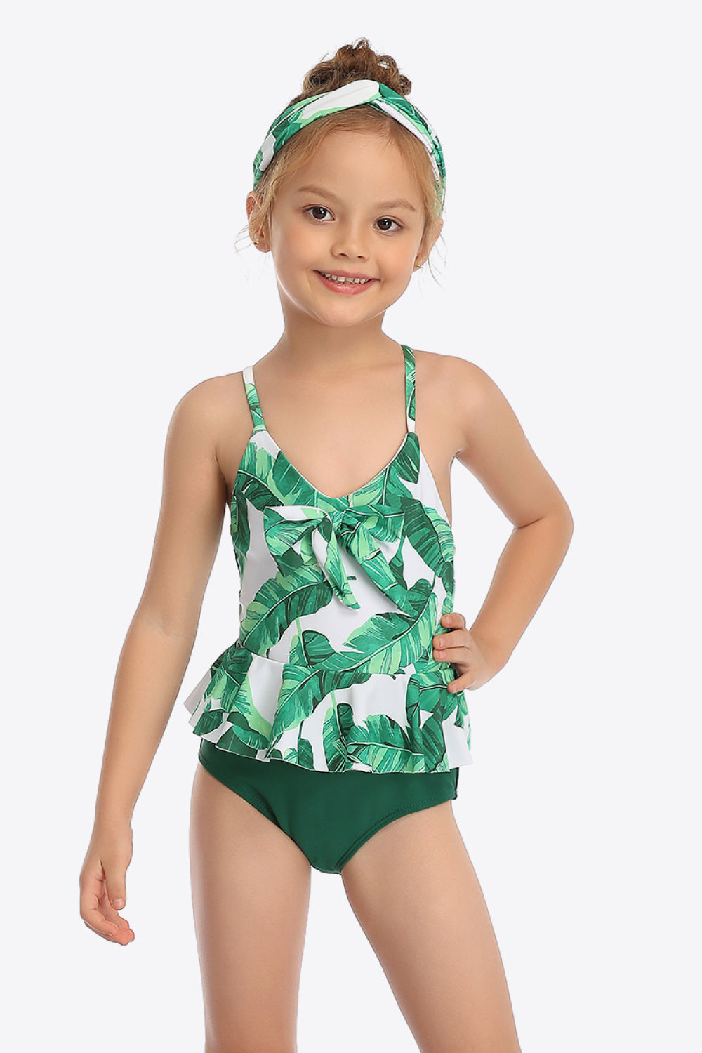 Girls Printed Bow Detail Ruffled One-Piece Swimsuit