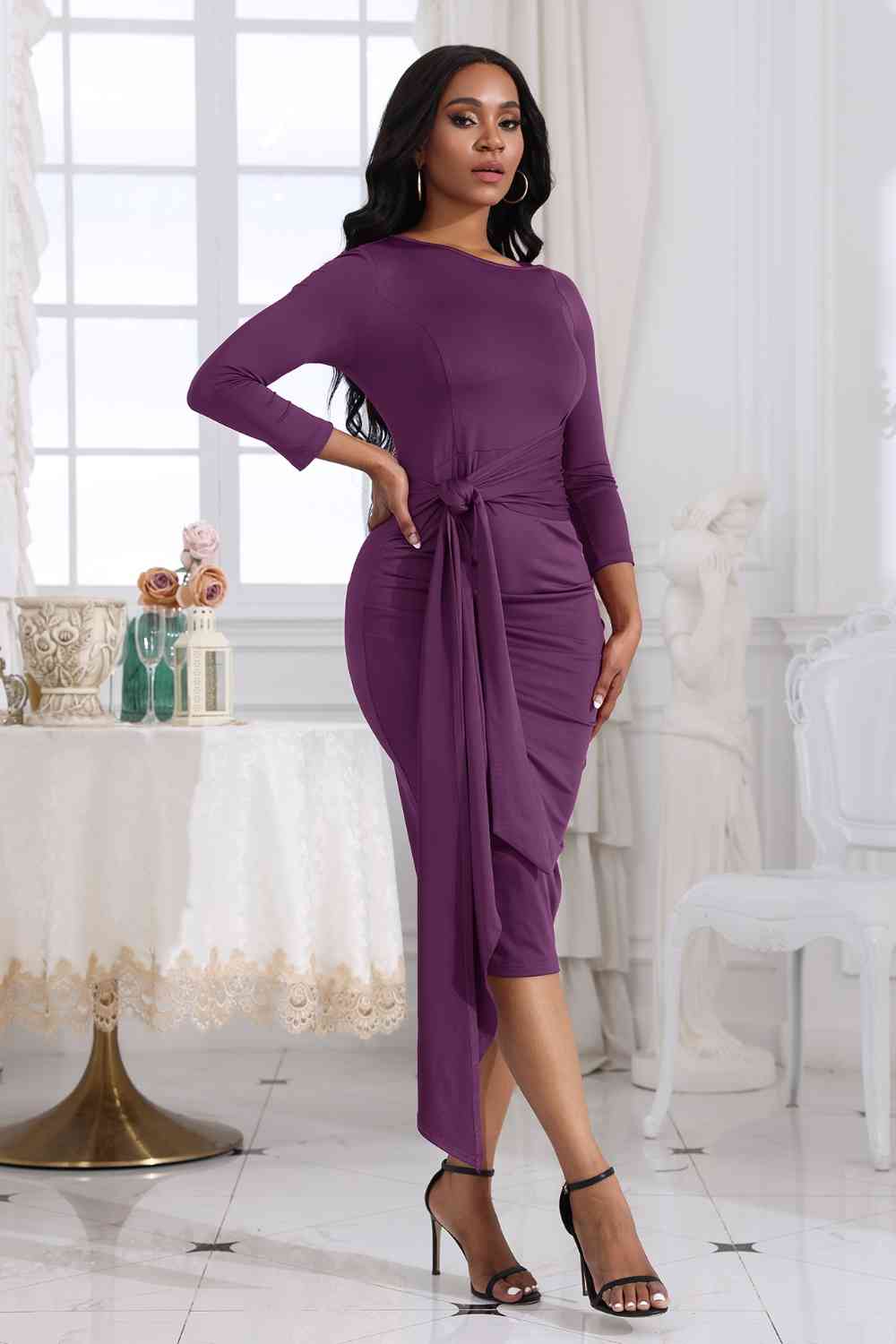 Tie Detail Round Neck Midi Dress (3 Variants)