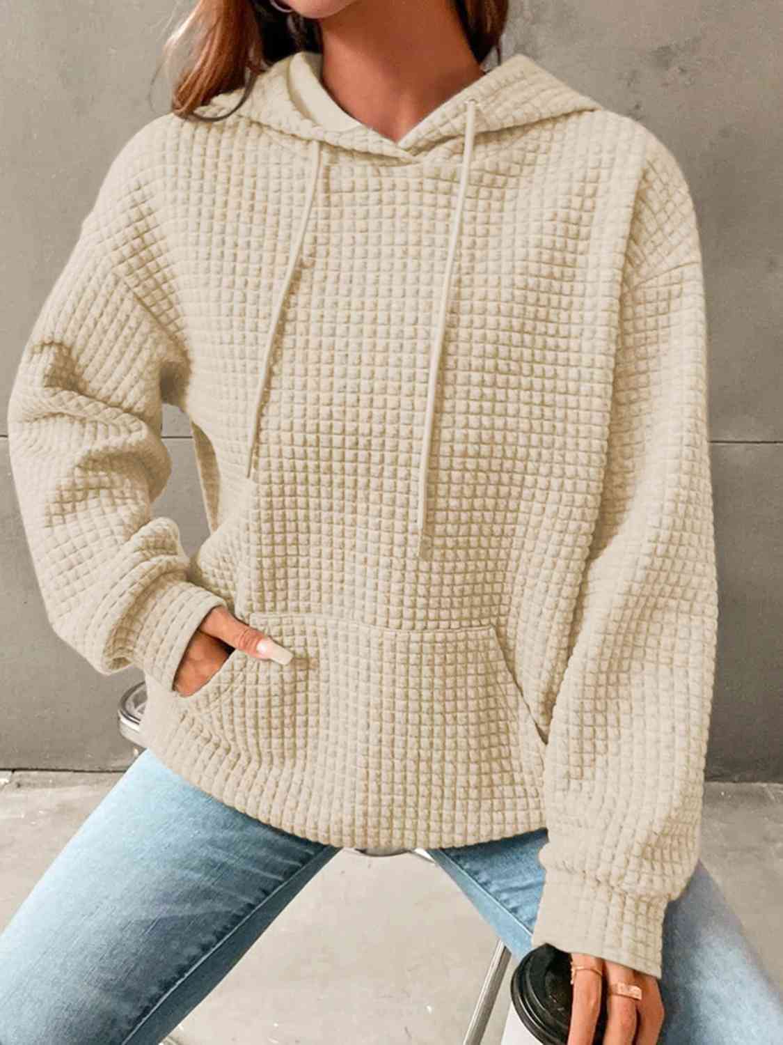 Textured Drawstring Drop Shoulder Hoodie