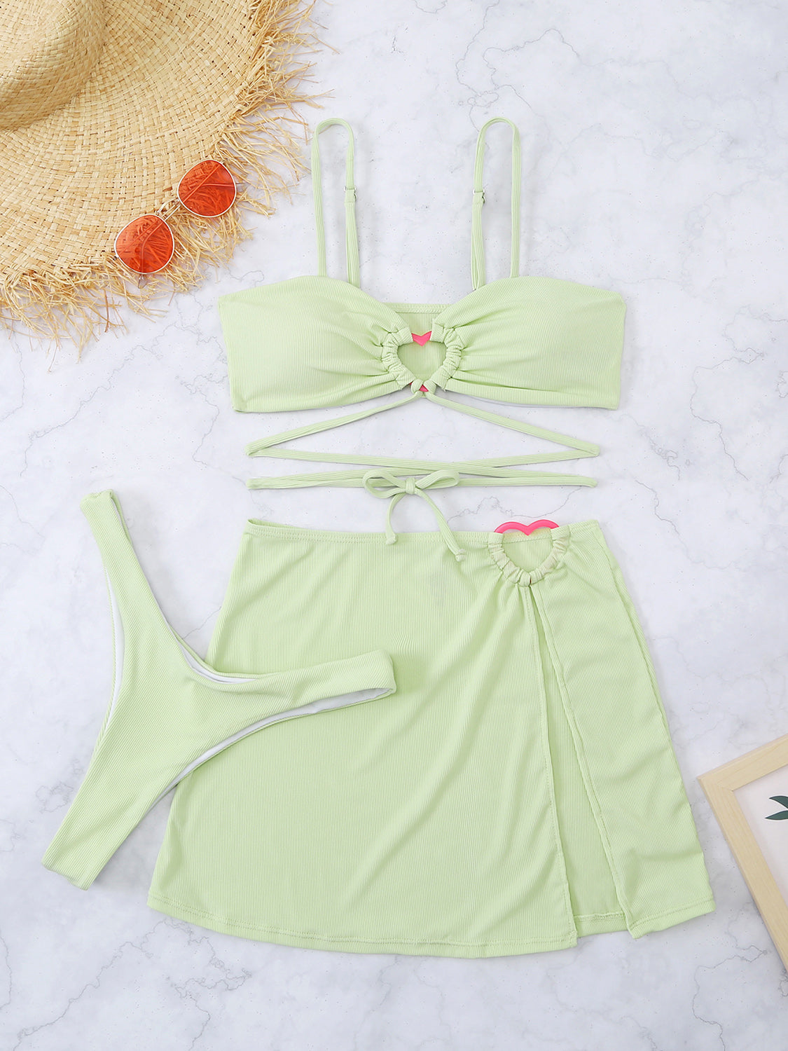 Cutout Spaghetti Strap Three-Piece Swim Set (4 Variants)