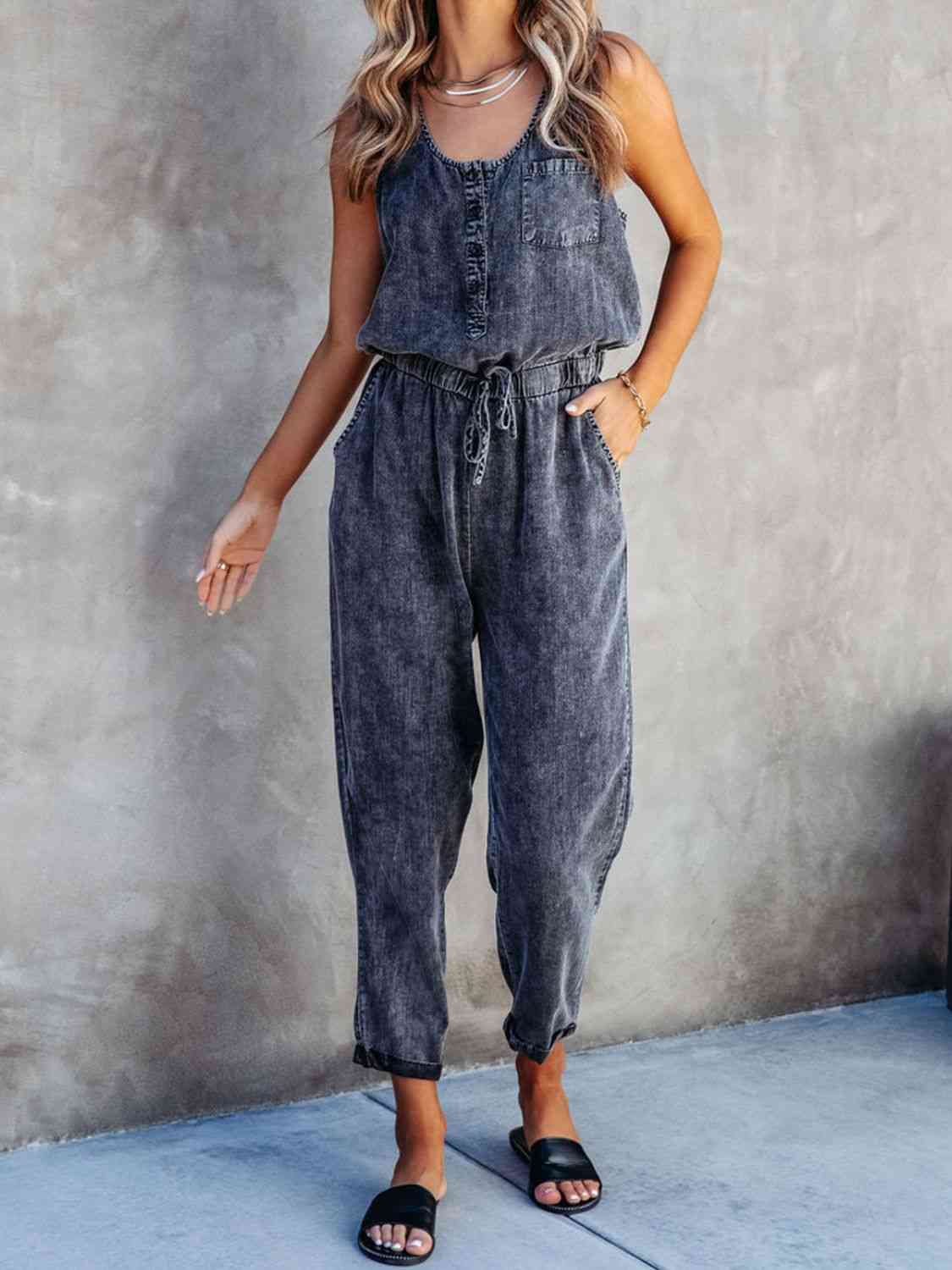 Drawstring Waist Sleeveless Jumpsuit (3 Variants)