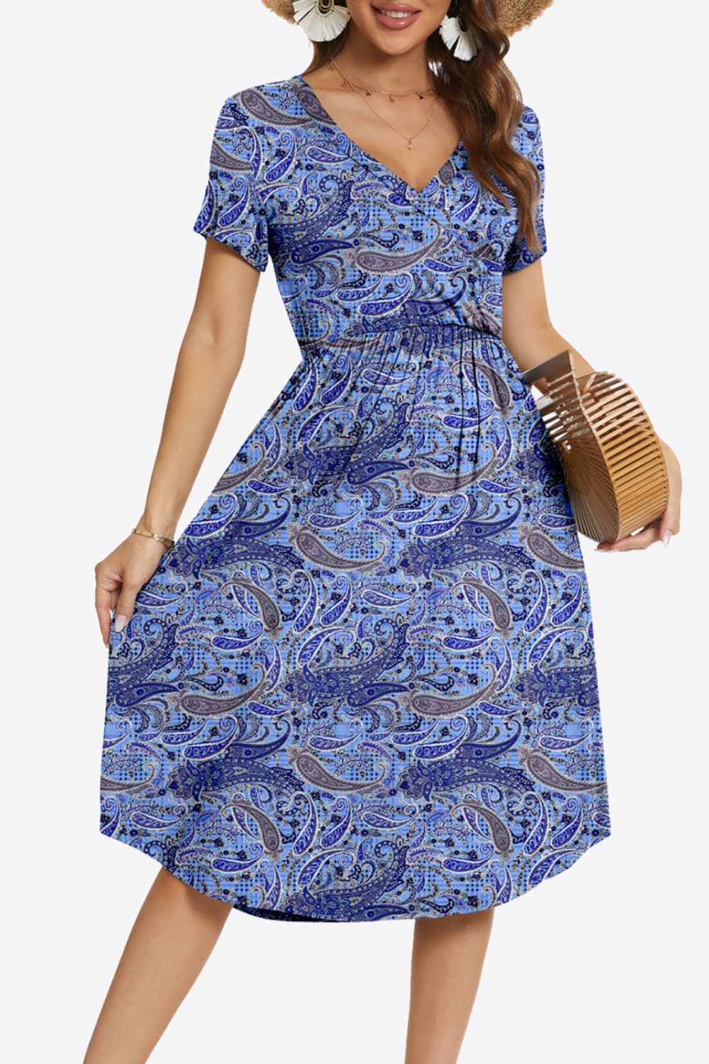 Printed Surplice Neck Short Sleeve Dress with Pockets