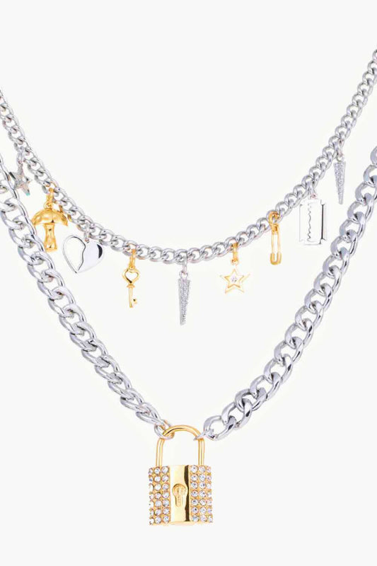 Lock Pendant Double-Layered Charm Necklace