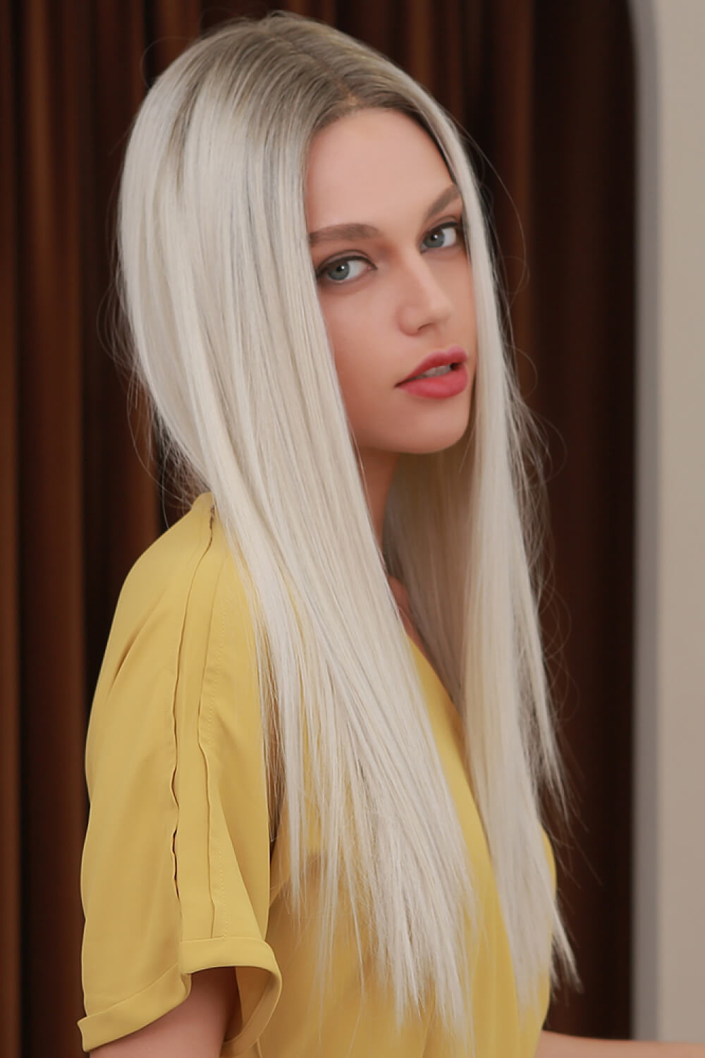 26" Platinum Blonde/Ash Brown Root Lace Front Synthetic Wig