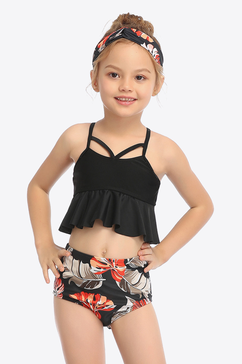 Girls Botanical Print Crisscross Ruffled Two-Piece Swim Set