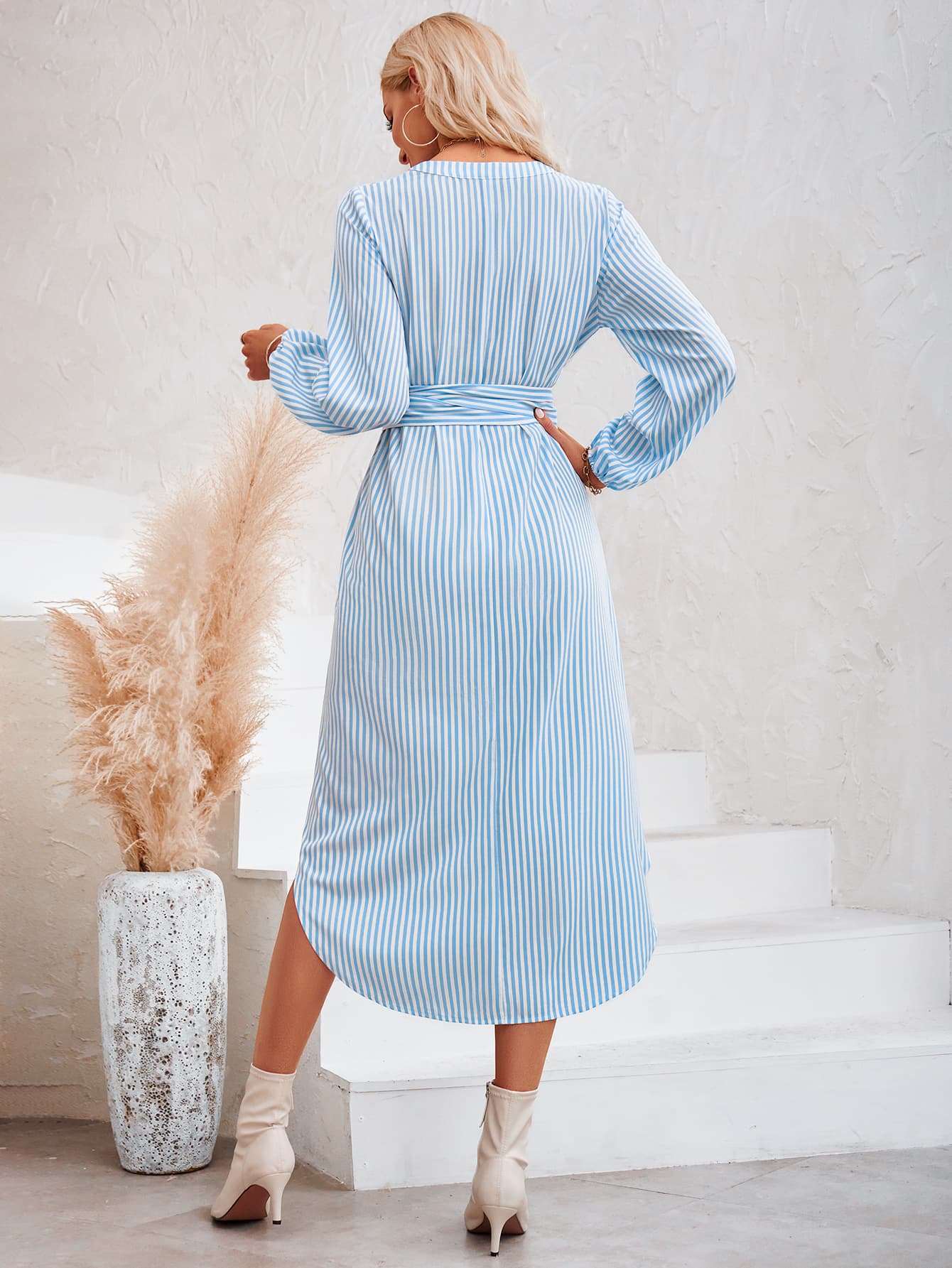 Striped Notched Neck Curved Hem Long Sleeve Dress (3 Variants)