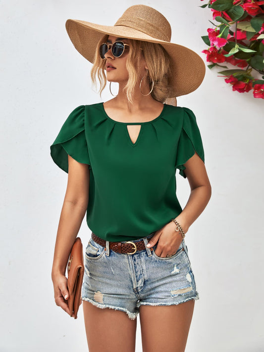 Cutout Round Neck Petal Sleeve Blouse (2 Variants)