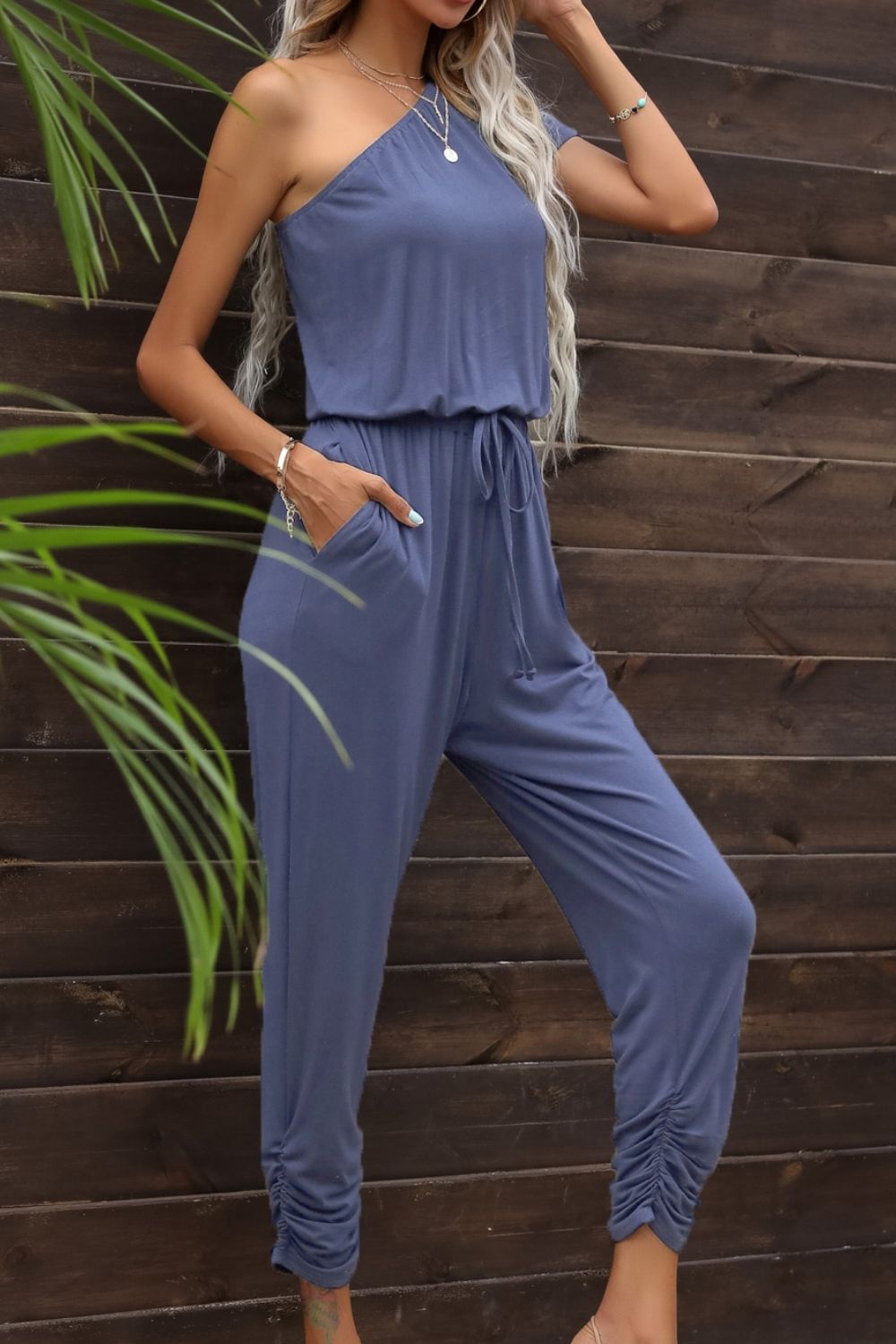 Drawstring Waist One-Shoulder Jumpsuit with Pockets (3 Variants)