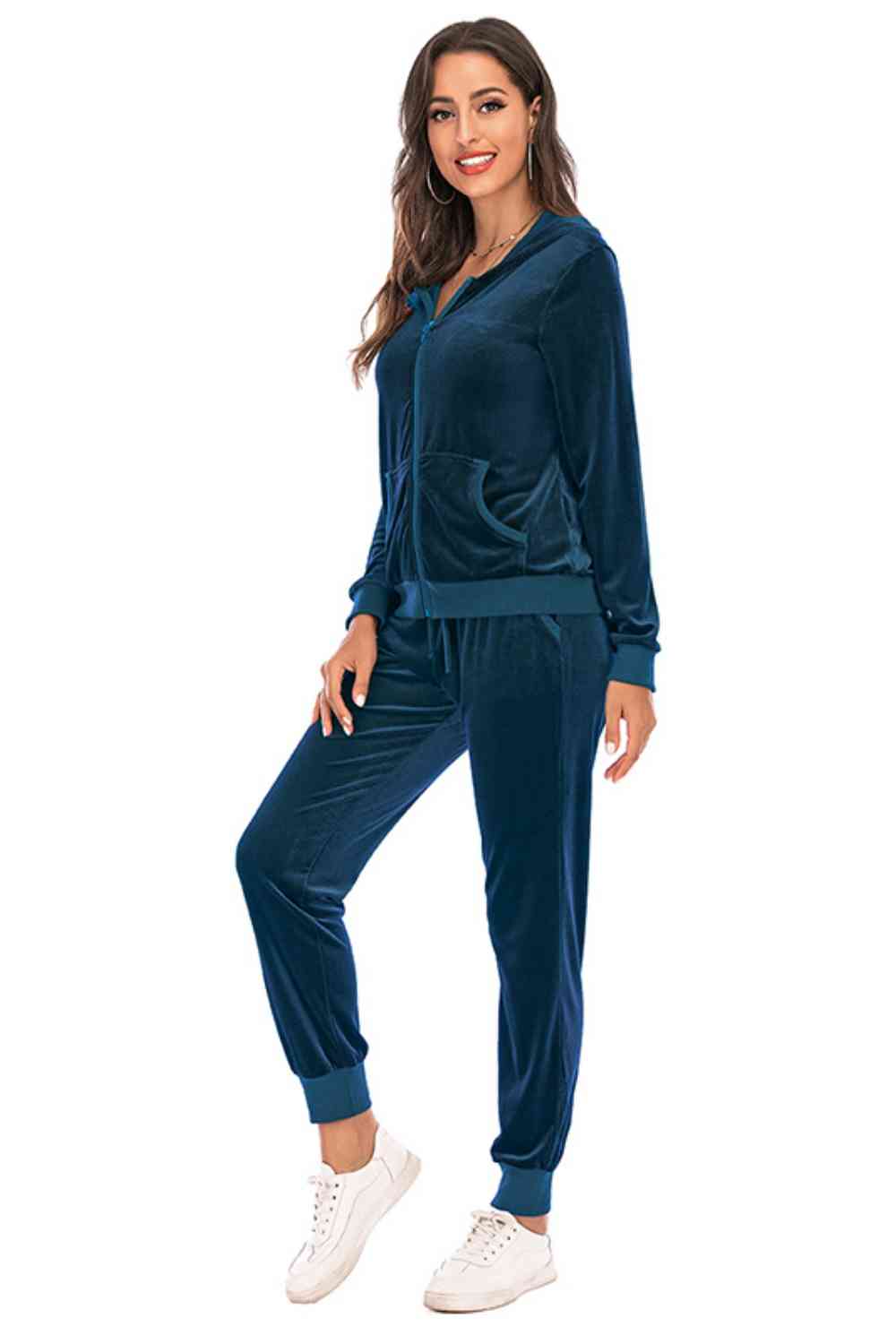 Velour Styled Zip-Up Hoodie and Pants Set