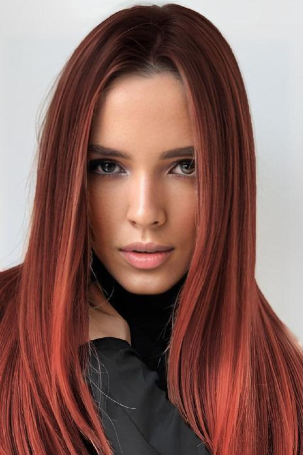 27" Long Straight Copper/Brown Root Synthetic Wig