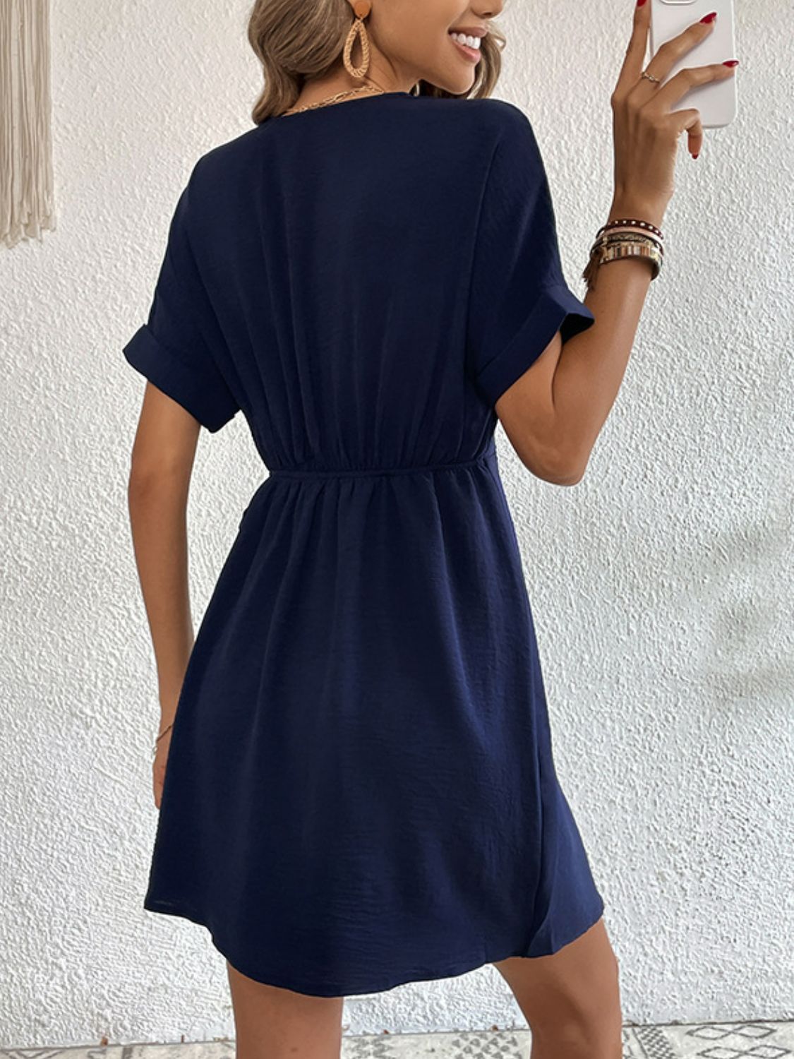 Tied Cuffed Sleeve Surplice Dress