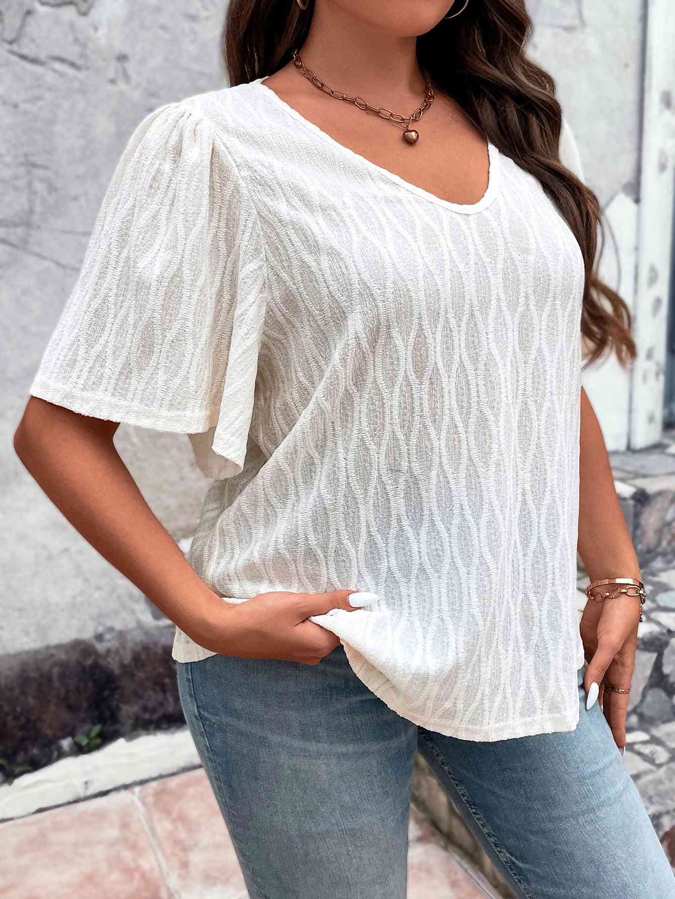 Plus Size V-Neck Puff Sleeve Blouse