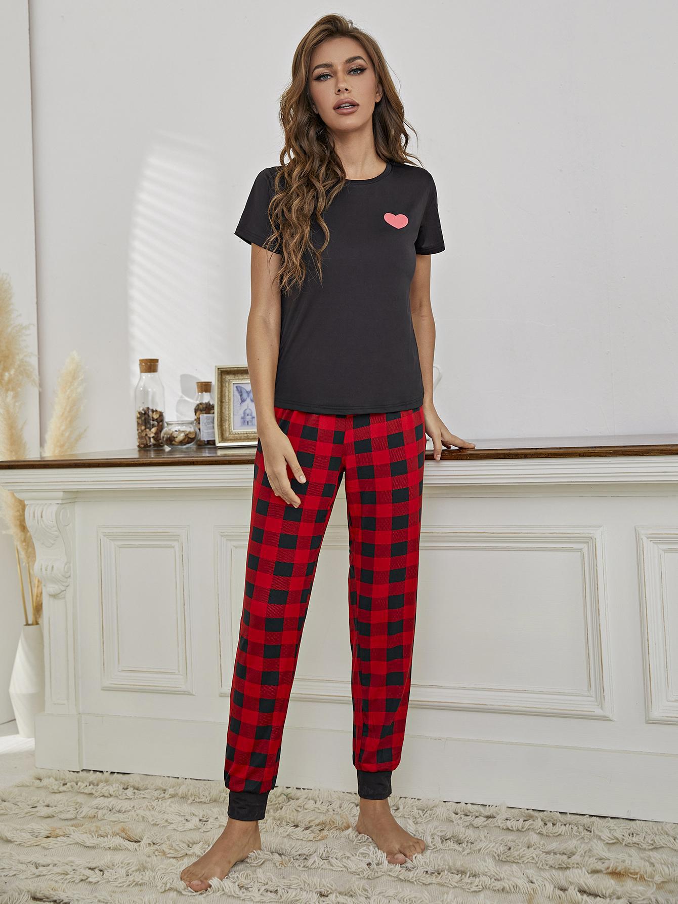 Heart Tee and Plaid Joggers Lounge Set