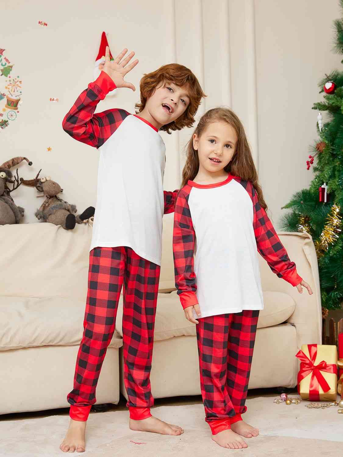 Matching Kids 2T-14 White/Red/Black Plaid Pajama Set