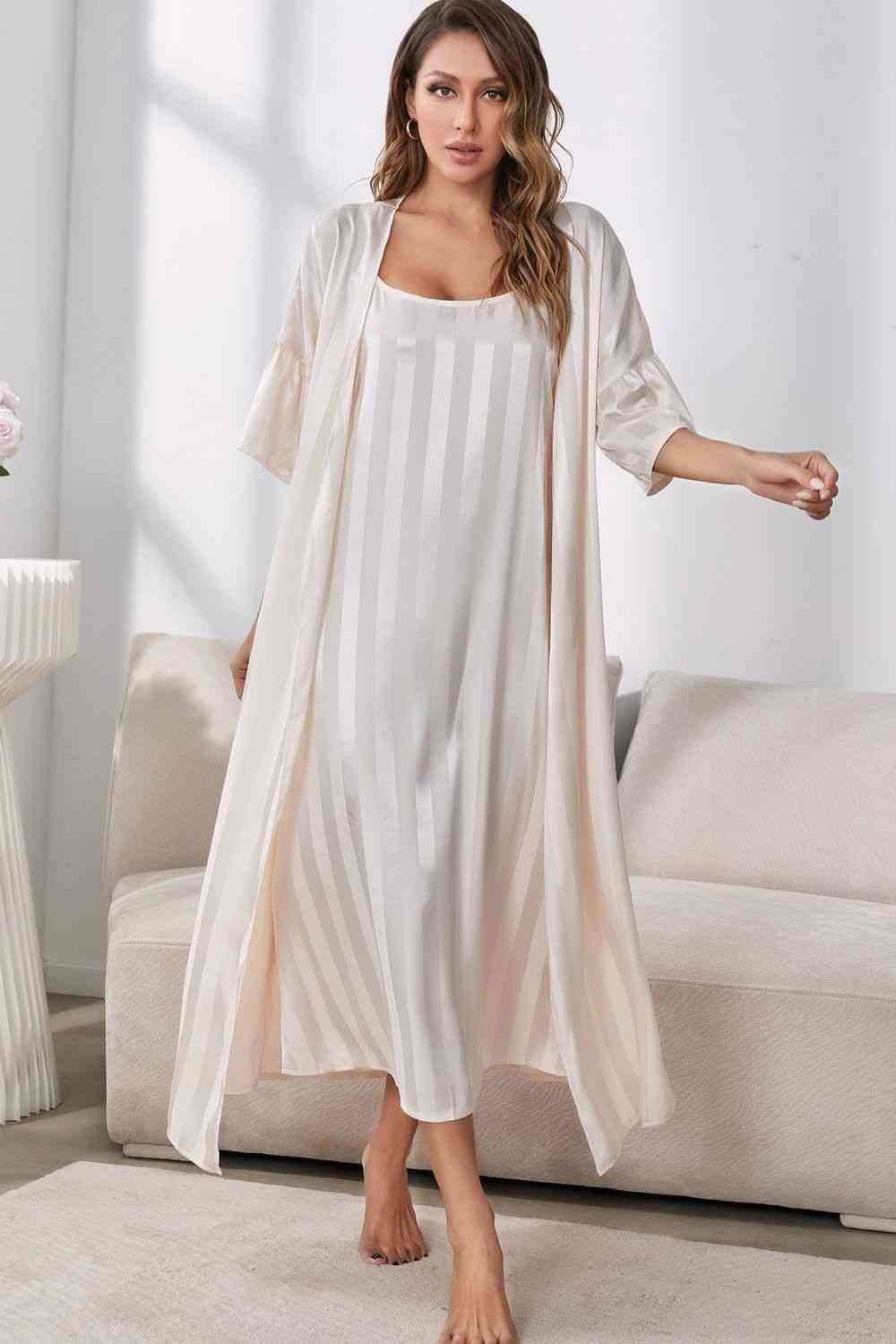 Striped Open Front Robe and Cami Night Gown Set